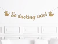 Would you like to add a fund shape to the ends of your banner? You can check them out here: https://www.etsy.com/ca/shop/shoppaperandparties?section_id=26807540 Duck Theme Baby Shower Decorations, Rubber Ducky Theme 1st Birthday Party Decor, So Ducking Cute Banner Party Supplies, Rubber Duck This listing is for one, paper, glitter banner of the popular duck baby shower phrase: SO DUCKING CUTE! Choose your font, color and assembly from the dropdown menu. Coordinating Items: Cupcake Topper: https://shoppaperandparties.etsy.com/ca/listing/1601155605/rubber-duck-cupcake-toppers-ducky-duck