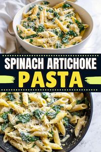 This cheesy spinach artichoke pasta turns your favorite dip into a feast! The tender pasta, healthy spinach, and creamy sauce are a work of art.