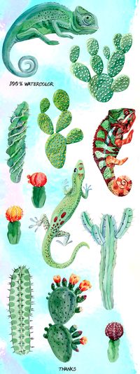 Chameleon and cactus. Watercolor set by berryshop on @creativemarket