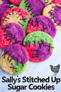 Whip up a batch of easy Halloween sugar cookies with a Tim Burton twist thanks to food coloring and chocolate stitches inspired by Sally's dress from The Nightmare Before Christmas #easyhalloween #easyhalloweenrecipe #halloweencookies #sugarcookies