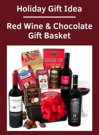 HOLIDAY GIFT BASKET. Great gift for the holidays that everyone loves - red wines and dark chocolate goodies. For Thanksgiving, Christmas, adult birthdays, and other special occasions. Prices range from $90 to $170 based on your choice of items. From Gourmet Gift Baskets, place your order now! #giftbaskets #giftidea #holidaygifts #winegifts #affiliate #ad