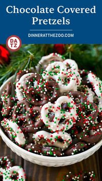 These chocolate covered pretzels are made with pretzel twists or pretzel rods coated in dark and white chocolate and topped with sprinkles.