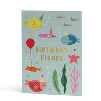 Birthday Fishes Gold Foil Birthday Card - illustrated by Holly Maguire for Stormy KnightI adore this happy little underwater gathering - I particularly admire what a strong dorsal fin that orange fish has given she's holding onto the end of a balloon. Maybe it's not filled with air, who knows?! This sweet, underwater scene, filled with happy fish wearing party hats, is sure to delight the aquatic lover in your life! Perfect for kids and the young at heart! This cute A6 birthday card featuring gold foil lettering is printed in the UK onto FSC approved card and comes with a 100% recycled white envelope.Card Size (A6): 10.5 x 14.8cm