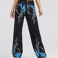 Blue Flamed Print Black Highwasted Pants New I Tried Them One That’s It Never Wore Them I Have A Blue Sweat Vest Also Listed That Would Go Cute With This As An Outfit