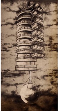 Georgy Krutikov, Flying City, 1928; Exploration of air travel, new light-weight materials, new energy systems, to create an airborne city. This would be amazing. To occupy the sky living more room on the ground to create.