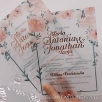 Peach blossoms on translucent vellum paper with rose gold foil imprint wedding invitations EWFI029 #EWI