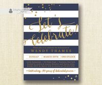 Navy & Gold Retirement Party Invitation Gold Glitter Navy Blue Horizontal Stripes Modern Bon Voyage Career DIY Digital or Printed- Wendy