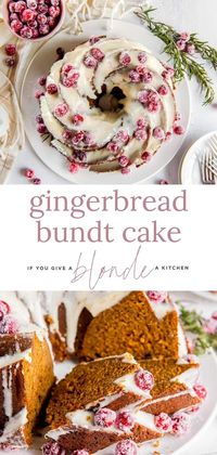 Gingerbread bundt cake is a flavorful and festive dessert. This cake is full of gingerbread flavor and topped with rich cream cheese frosting. Looking for a showstopper of a cake? This homemade gingerbread bundt cake recipe is your answer. Not only is the cake fluffy, tender and full of flavor, but is has a rich cream cheese frosting and sugared cranberries for garnish! The perfect Christmas dessert. It serves a whole family, plus more. The cake is almost too pretty to eat!