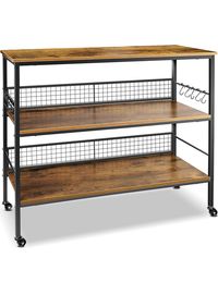 Cheflaud Rolling Kitchen Storage Cart Island with large open shelves and Large Worktop, 3-Tier Kitchen Baker’s Rack with 10 Hooks, Stable Steel Structure and Easy Assembly, Rustic Brown - Walmart.com