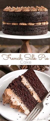 This French Silk Pie Cake is the dessert of your dreams!! Incredibly moist chocolate cake layers topped with an unbelievably silky chocolate frosting. Copycat McCain Deep'n Delicious Chocolate Cake. | livforcake.com