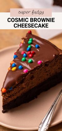 This cosmic brownie cheesecake is the ultimate chocolate cheesecake. It has a fudgy brownie crust with a chocolate cheesecake filling that's creamy and will melt in your mouth. Just like the brownies, it's topped with decadent chocolate ganache and colorful candy-coated chips!