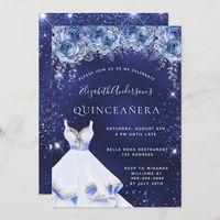 Blue glitter dress florals Quinceanera Invitation