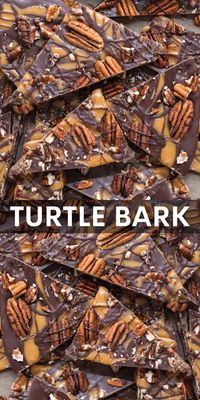 Turtle Bark combines chocolate, caramel and pecans for an easy Christmas treat! Add this 4 ingredient Christmas bark to your cookie plates! #turtlebark #chocolatebark #christmastreats