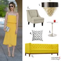 yellow dress inspired interior design, bright yellow sofa, glossy bronze, brass…