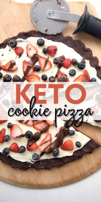 Who says pizza has to be savory? Why not enjoy this easy keto dessert pizza, with a chocolate cookie crust, a creamy sugar-free frosting, fresh berries and a delicious low carb chocolate sauce? It's a fun dessert to make and eat and kids love it! 