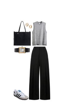 Flatlay polyvore cool girl New York LA model off duty Corporate office baddie job outfit idea inspo trousers Matilda Djerf