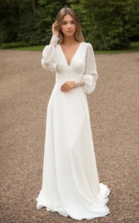 Elegant Modest Country A-Line Floor Chiffon Long Sleeve Wedding Dress with Sequins and Train