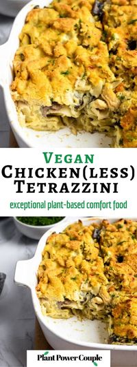 This vegan tetrazzini with mushrooms and plant-based chicken is the ultimate dairy-free comfort food! It's noodles tossed with a creamy savory sauce made with vegan butter, cashews, silken tofu, flour, and bouillon powder. Mushrooms and soy curls are layered in with more sauce and vegan parmesan. This is the perfect vegetarian dinner for when you really need somehting cozy! #vegandinnerideas #vegandinner #dairyfreedinner #veganpastarecipe #vegancasserole #dairyfreetetrazzini