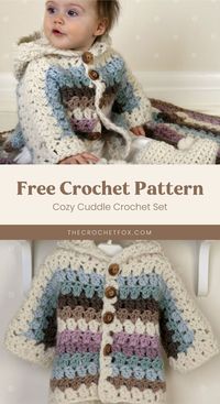 Complete your baby's winter wardrobe by making this cozy and comfy set of crochet baby jacket with a matching pair of crochet baby booties. This easy crochet pattern makes for a lovely handmade baby shower gift and has sizes from 1 month to 4 years old. | More free crochet patterns at thecrochetfox.com