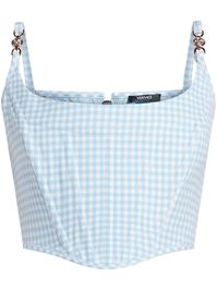 Find VERSACE Medusa Gingham Corset Top on Editorialist. blue/white virgin wool gingham check pattern Medusa plaque detail spaghetti straps corset style cropped rear zip fastening