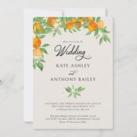 Citrus wedding invitation with oranges, orange blossom and hanging foliage on a neutral background. Fresh, zesty, natural design to complement a spring or summer wedding with an orange fruit wedding theme. For co-ordinating invitations, stationery, day of event and table décor, games and wedding signs, please browse my Orange Blossom Wedding Collection or message me to add any additional items you need.