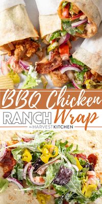 This BBQ Chicken Wrap recipe is made with grilled chicken, BBQ sauce, turkey bacon, pepper Jack cheese, tomato, onion, pepperoncini and spring mix tossed in homemade ranch dressing all wrapped in flour tortillas. These chicken wraps are super quick and easy to make any night of the week.