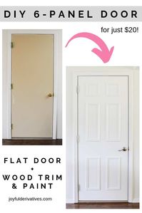 Flat door makeover tutorial - use simple DIY tecnhiques, like moldings and paint, to transform your boring, flat interior doors into stylish 6-panel doors! Do this on any door in your house, the front, closet, laundry room, bedroom, bifold pantry, garage exterior, more! Choose the design and style you want and get the expensive look for cheap! #doormakeover #diyproject #diyhomeupdate #diy