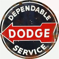 Reproduction Aged looking Nostalgic Dodge Dependable Service Sign. This Sign Comes In 4 Sizes Round On 24g Steel. It Has Eyelets For Mounting. Made In The U.S.A. DESCRIPTION: Hand Made in the United States using the highest quality materials and the most durable procedures. The process used is known as sublimation, where the image is baked into a powder coating for a durable and long lasting finish. Just like the craftsmanship of the past, our products are durable and made to stand the test of t