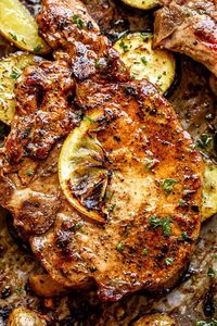 Lemon Garlic Baked Pork Chops with Squash and Potatoes | Easy Dinner