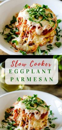 This Slow Cooker Eggplant Parmesan recipe is an easy to make recipe that will have you reaching for your crock pot on a regular basis! I’ve made it gluten free but you can easily use regular breadcrumbs if you like! #slowcooker #crockpot #slowcookereggplantparmesan