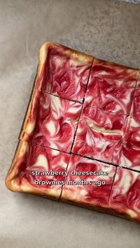 strawberry and chocolate is a VERY GOOD COMBINATION, so i made strawberry cheesecake brownies  a layer of a fudgy brownie topped with a vanilla cheesecake with a strawberry puree swirled through it 😩