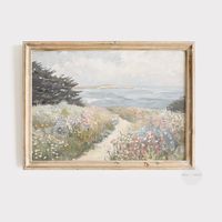 This stunning vintage inspired printable wall art features a beautiful ocean landscape oil painting of a field of wildflowers along the coast, in shades of pastel blue, pink, green, and beige. The artwork is immediately accessible for download and print after purchase. INCLUDED: 1 PDF file containing high resolution JPG photos at 300 DPI. The downloads are available in 7 aspect ratios that can be printed in the following sizes *FILE 1 (2:3 Ratio)   IN: 4x6, 6x9, 8x12, 10x15, 12x18, 16x24, 20x30,