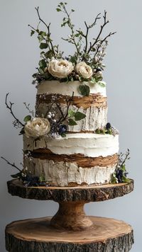 This cake combines romantic rustic textures with natural wood accents, making it a perfect choice for couples seeking a unique and down-to-earth wedding cake. Add a touch of nature’s beauty to your special day.   Click to our website to learn more about this design!