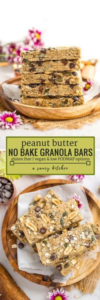 Soft and chewy Peanut Butter No Bake Granola Bars with mixed nuts, seeds and dark chocolate chips - only 7 ingredients and about 15 minutes to make! Gluten Free + Vegan & Low FODMAP Options