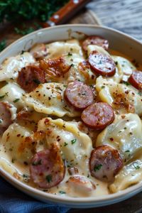 Discover the delicious simplicity of this Crockpot Pierogi Casserole with Kielbasa recipe, featuring cheddar pierogies, creamy chicken broth, savory kielbasa, and melted cheddar cheese, all slow-cooked to perfection.