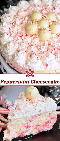 Peppermint Cheesecake. This holiday cheesecake is made with an Oreo cookie crust, filled with smooth peppermint cheesecake, and topped with light and airy peppermint frosting. #cheesecake #dessert #peppermint #frosting