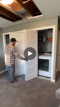 1.1M views · 117K reactions | Still one of the coolest closet doors I’ve seen
•
My buddy used a couple different types of hardware to make this work but I bet if someone made a kit people would buy it
.
.
.
#tools #construction #custom #door #basement | Murray Kruger | krugerconstruction · Original audio