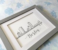 Boston skyline illustration, modern calligraphy