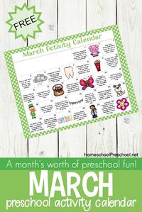 Here's a fun preschool activity for March! Celebrate holidays and special days with books, printables, and hands-on activities for tots and preschoolers. #spring #homeschooling #preschool #springpreschool #activitycalendar #preschoolactiviites via @homeschlprek