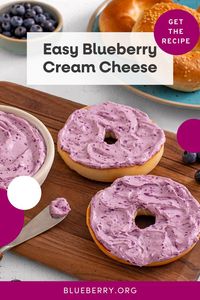 Brighten up your breakfast with this Easy Blueberry Cream Cheese, perfect for bagels, toast, scones and more. All you have to do is beat softened, low-fat cream cheese with fresh blueberries, then add honey, vanilla, salt, lemon zest and lemon juice. It’s a simple swap for the pre-made options at the grocery store. You’ll love finding new ways to use the tasty, sweet-tart spread for a well-deserved boost of blue!