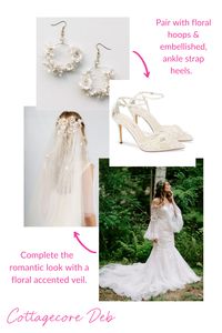 This look is all about the romance, romance, romance! Floral accents are the key to styling this wedding day look. Choose floral hoop earrings and ankle strap heels with floral or lace embellishments. Complete this bridal look with a veil with floral accents.