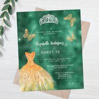 Emerald green gold dress tiara Sweet 16 invitation