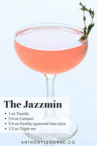 Meet Jazzmín [pronounced yahz-MEEN]. She's got the same sassy citrus punch as her hermana, Jasmine, but trades the genteel gin for tasty tequila. Notice the thyme garnish over her left ear. [She's taken.]