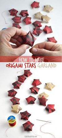 How to string origami stars together to make a pretty homemade holiday garland by Between Naps on the Porch.