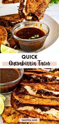 Slow-cooked birria, melty cheese, corn tortillas, and your favorite toppings make the best tacos! The secret is dipping the corn tortillas into the most delicious, earthy, and slightly spicy birria broth before making the tacos, pan-frying them until crispy, and dipping them again before eating!