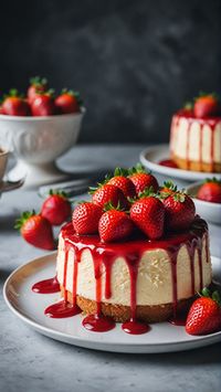 🍓🍰 Ingredients 🍓🍰   ❤️ For the Crust:   - 1 ½ cups crushed graham crackers   - ¼ cup melted butter    ❤️ For the Filling:   - 3 (8 oz) packages cream cheese   - 1 cup sugar   - 1 teaspoon vanilla extract   - 3 large eggs   - 1 cup fresh strawberry puree    ❤️ For the Topping:   - Fresh strawberries   - Strawberry sauce (for drizzle)