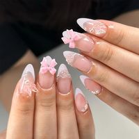 24pcs French almond nail 3d butterfly flower simple press nails, fake nails, suitable for women and