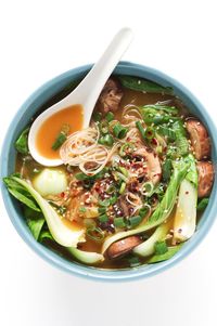 Ginger Garlic Noodle Soup with Bok Choy  ~  Make aoupbwiyhout noodles. Take some of the broth to cook noodles.  The others can add noodles to theirs.  Maybe add chicken to this to up protein.