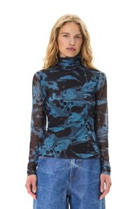 Blue Shadow Blue Printed Mesh Long Sleeve Rollneck | GANNI US