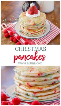 Adorable Christmas Snowman Pancakes are perfect for Christmas morning and easy enough for the kids to help too! #snowmanpancakes #pancakerecipe #holidaypancakes #pancakes #snowman